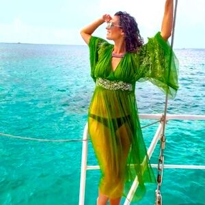 Free People Elegant Green Sheer Dress Tulle Embellished Maxi Top Green Sz S